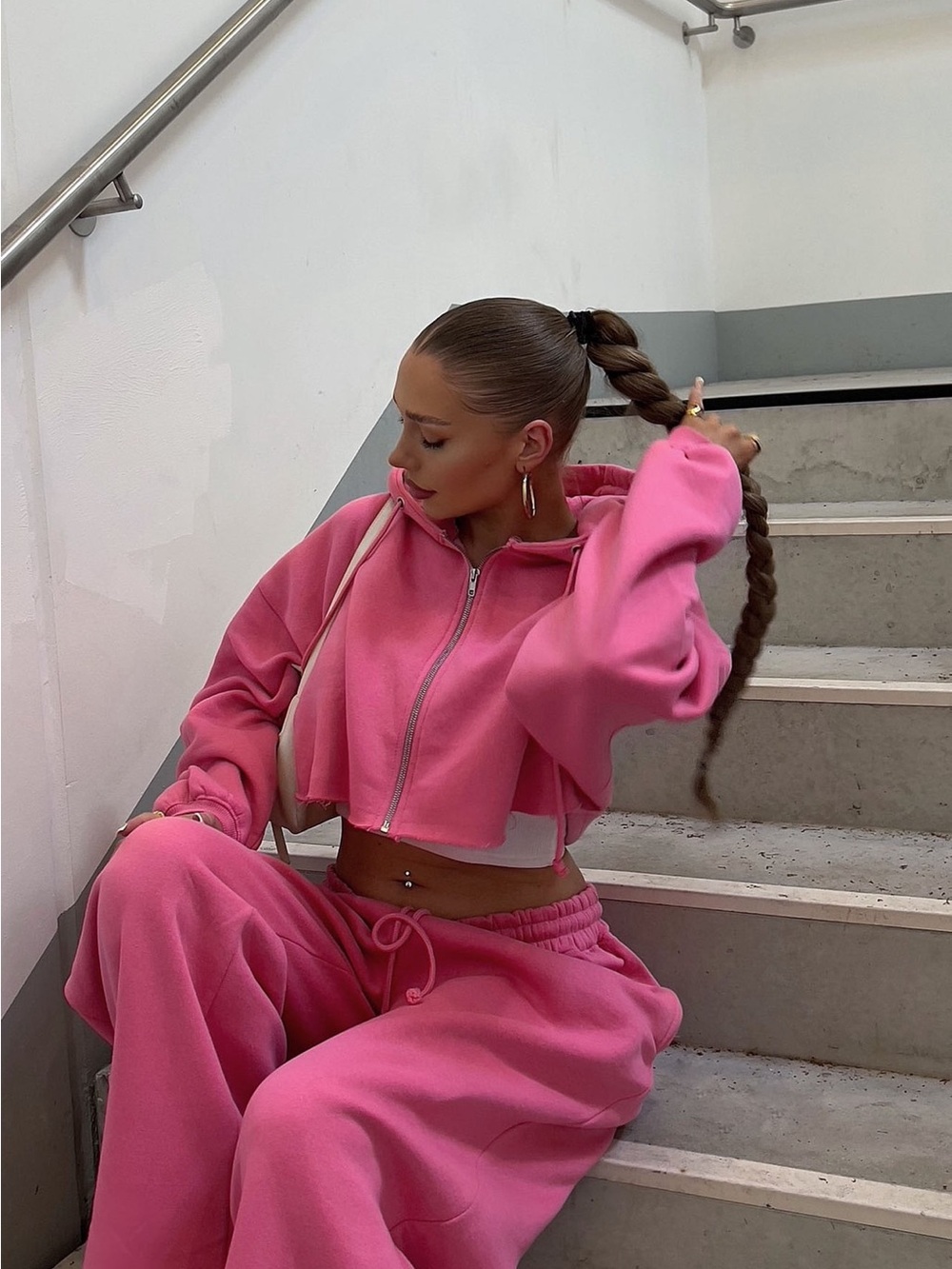 Fashion Nova Cropped Zip Hoodie & Joggers Set - Pink